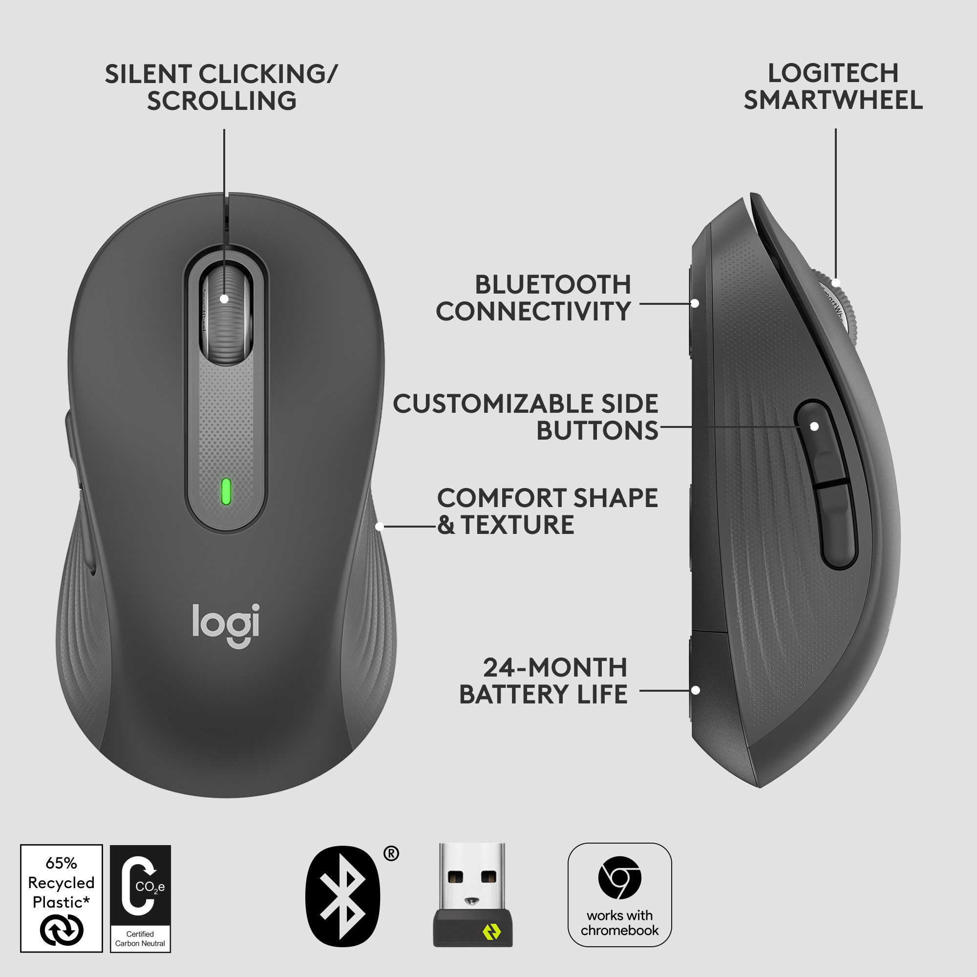 Souris Logitech noire, vues de côté et de dessus. Comprend des boutons, Bluetooth et autonomie.