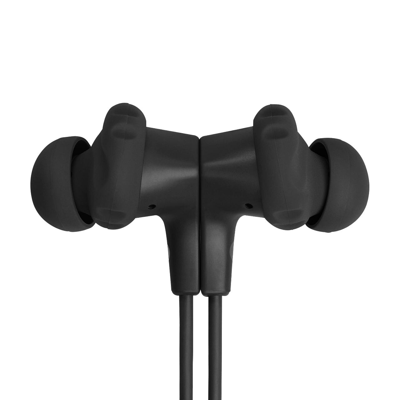 Schwarze kabellose Ohrhörer, die durch ein Kabel verbunden sind.