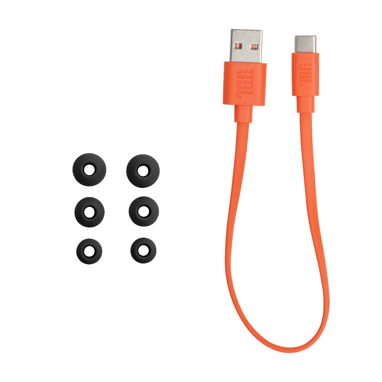Ohrhörerspitzen und ein oranges Kabel mit USB- und USB-C-Anschluss. Weißer Hintergrund.