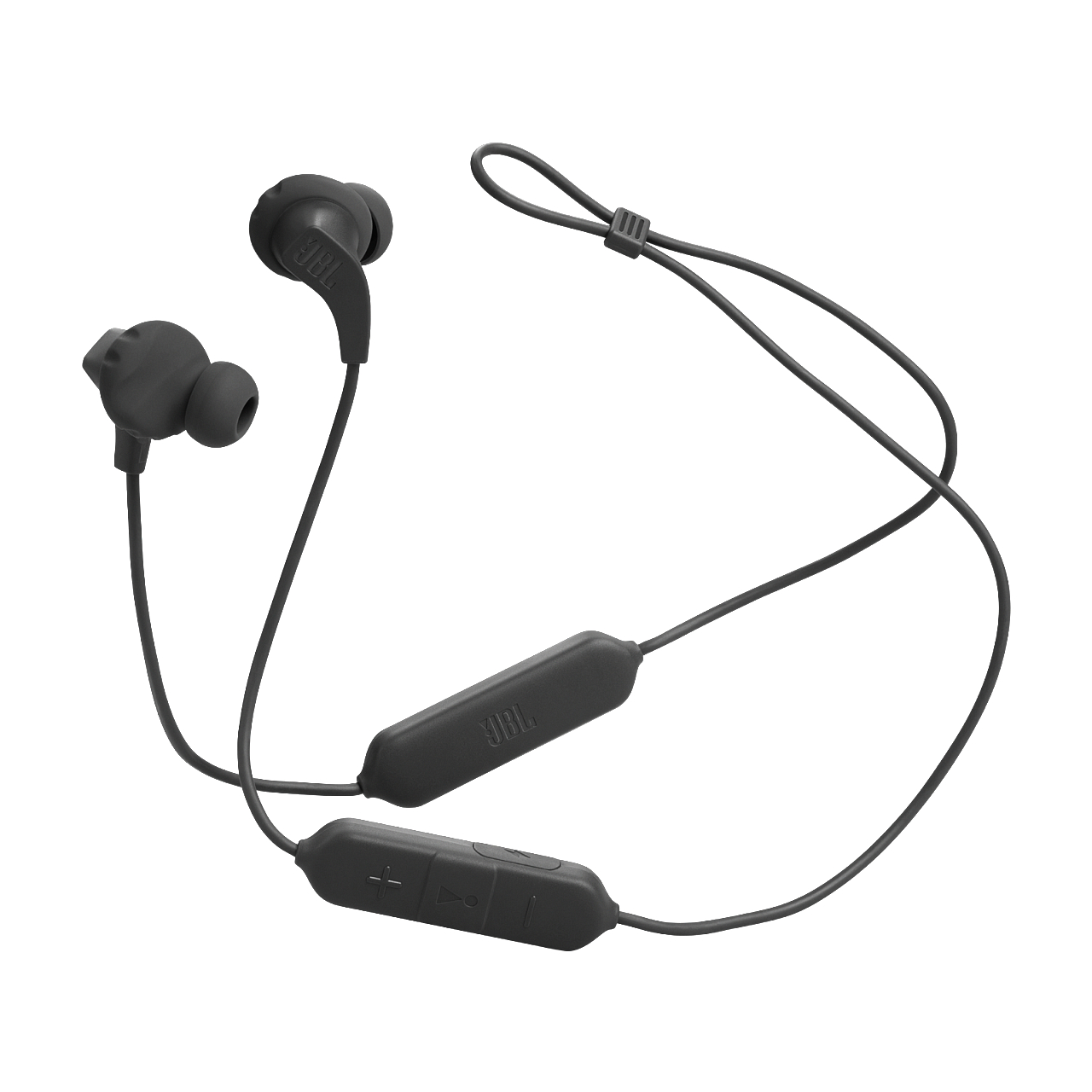 Schwarze JBL-Ohrhörer mit Verbindungskabel und Inline-Bedienelementen, weißer Hintergrund.