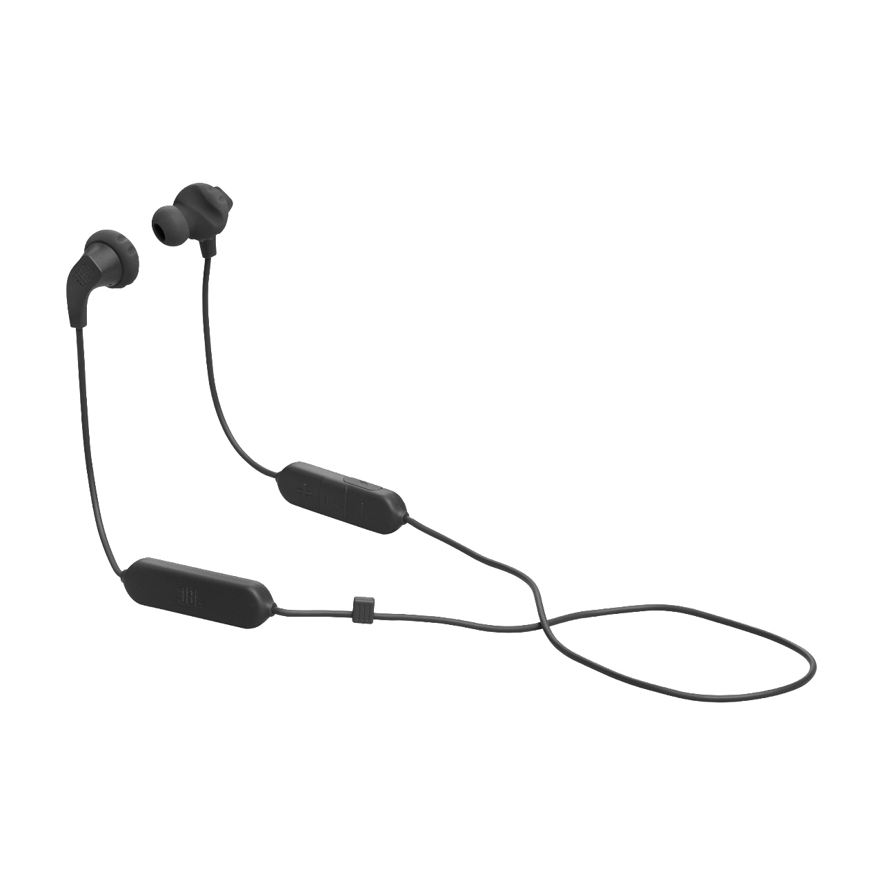 Schwarze kabellose JBL Ohrhörer. Zwei Knospen verbunden durch ein Kabel mit einem Steuermodul.
