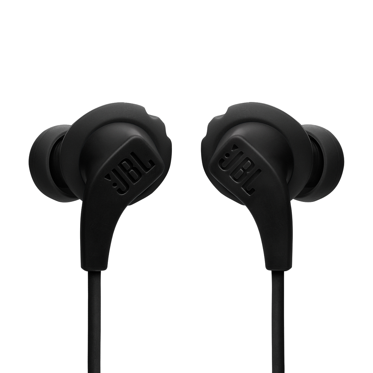 Zwei schwarze JBL-Ohrhörer. Sie befinden sich auf einem weißen Hintergrund.