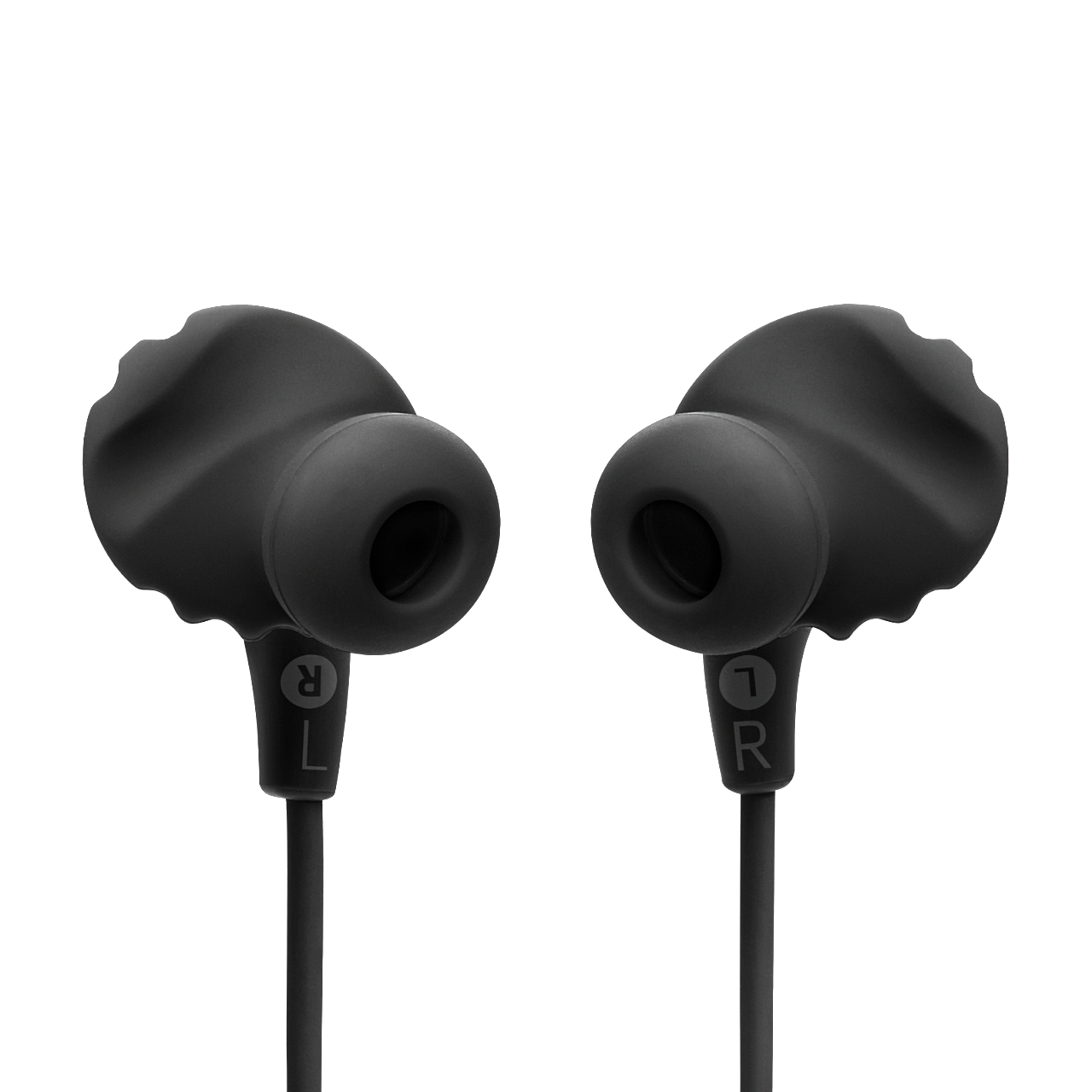 Zwei schwarze In-Ear-Kopfhörer mit den Buchstaben R und L markiert.
