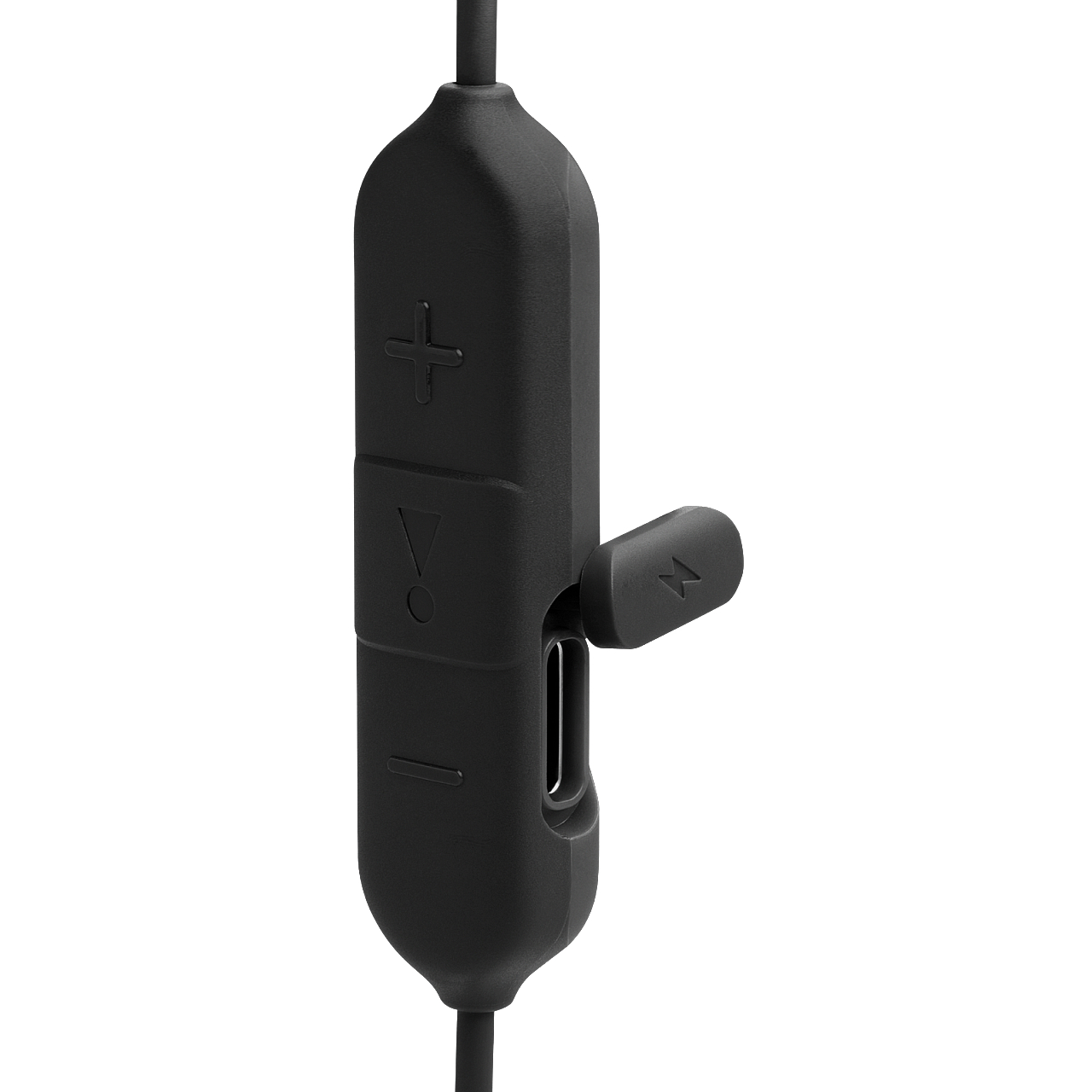 Schwarzes In-Ear-Kopfhörer-Steuermodul mit Plus-, Minus-Tasten und einem Ladeanschluss.