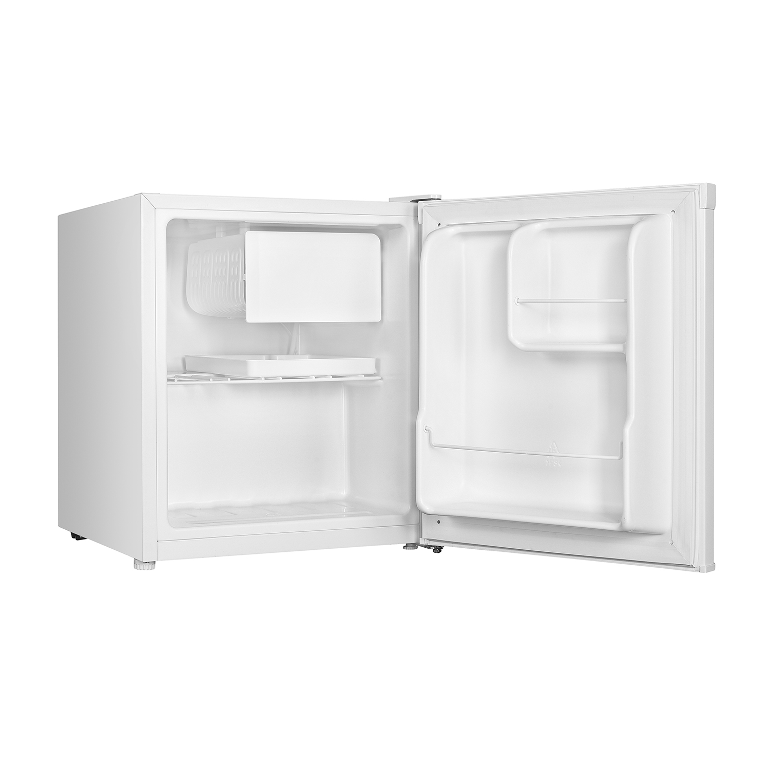 Un piccolo frigorifero bianco con la porta aperta, che mostra l'interno e il contenuto.