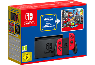 Switch (rouge) + code de téléchargement Super Mario Odyssey + feuille d'autocollants Super Mario Bros. Movie – Bundle - Console de jeu - Noir/rouge