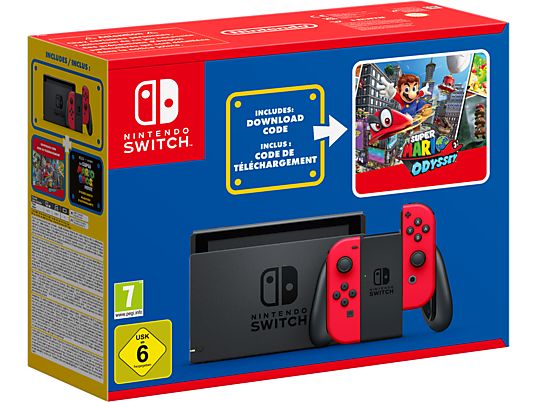 Switch (rosso) + codice download Super Mario Odyssey + adesivi del film Super Mario Bros. - Bundle - Console videogiochi - Nero/Rosso