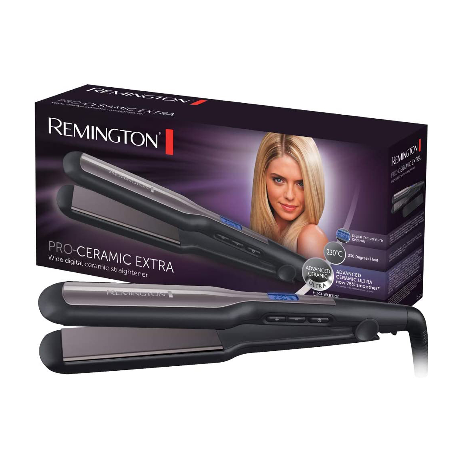 Piastra per capelli Remington Pro-Ceramic Extra su una scatola. Immagine di donna bionda sulla scatola.