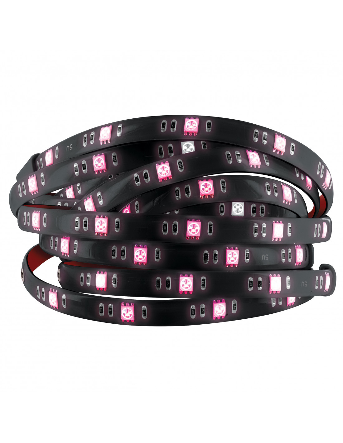 Una tira de luces LED flexible y negra. Está curvada y enrollada, con luces rosas y blancas.