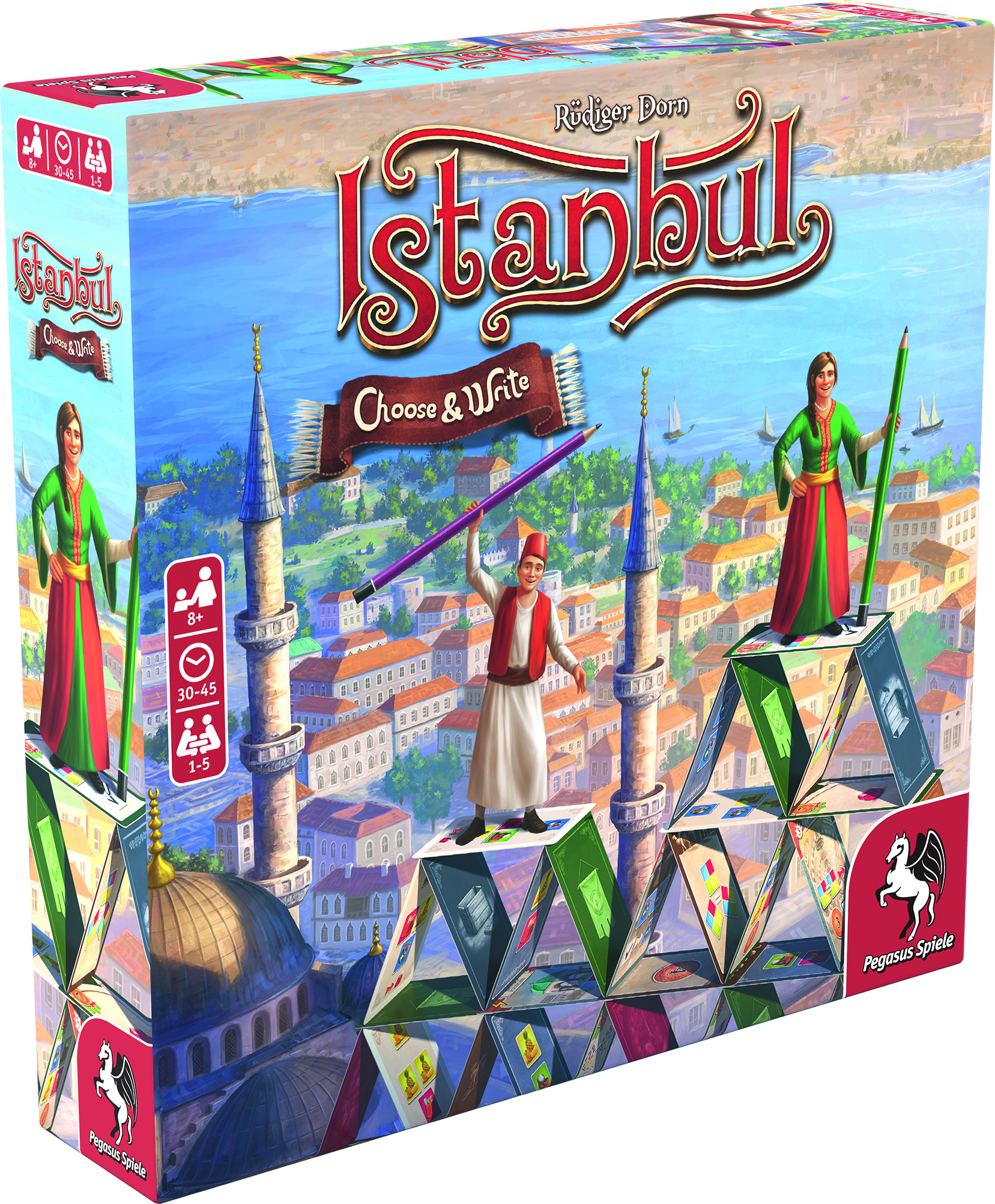 Brettspielbox. Menschen stehen auf einem Gebäude mit einer Stadt im Hintergrund.