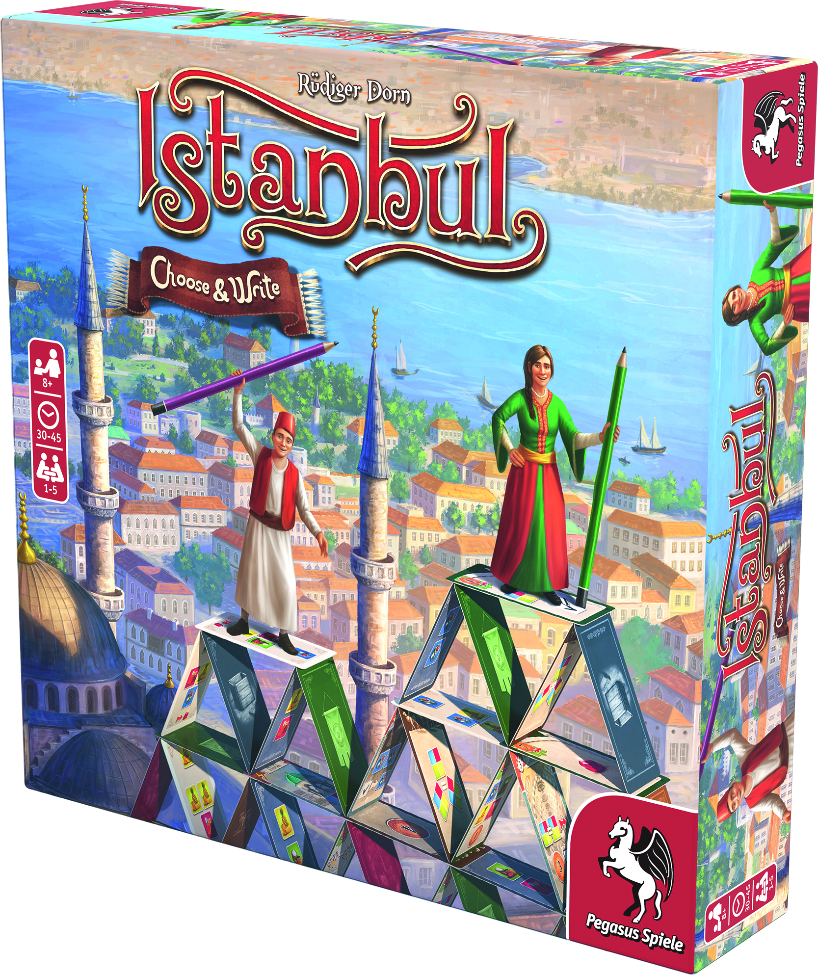 Schachtel des Istanbul-Brettspiels. Personen mit Stiften stehen auf einem Kartenhaus.