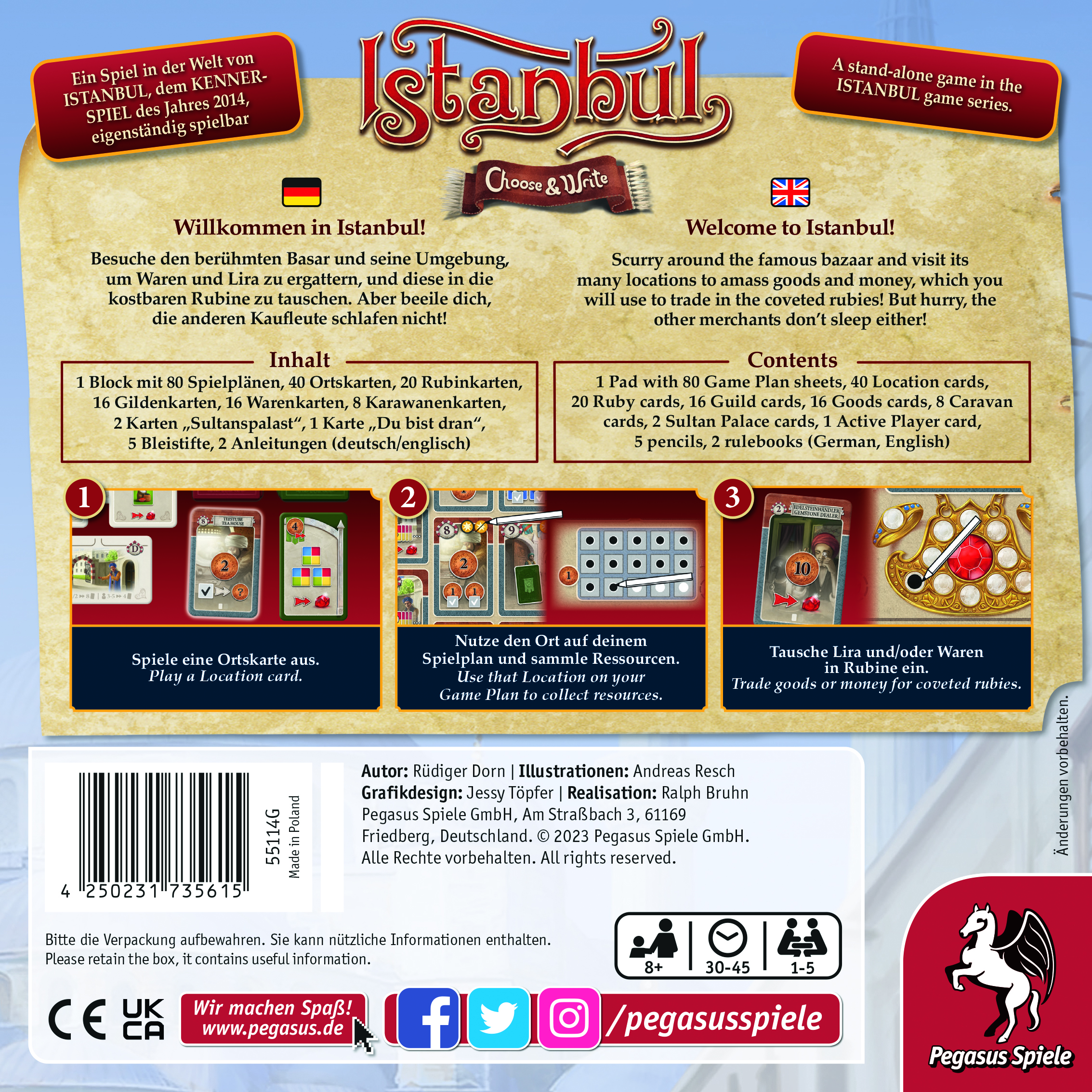 Rückseite der Istanbul-Brettspielbox mit Spieldetails und Komponenten.