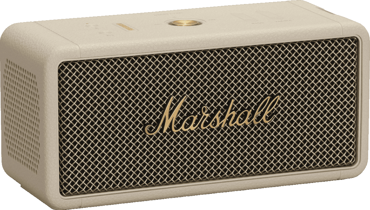 Cremefarbener Marshall-Lautsprecher mit goldenem Logo und Gitterfront.