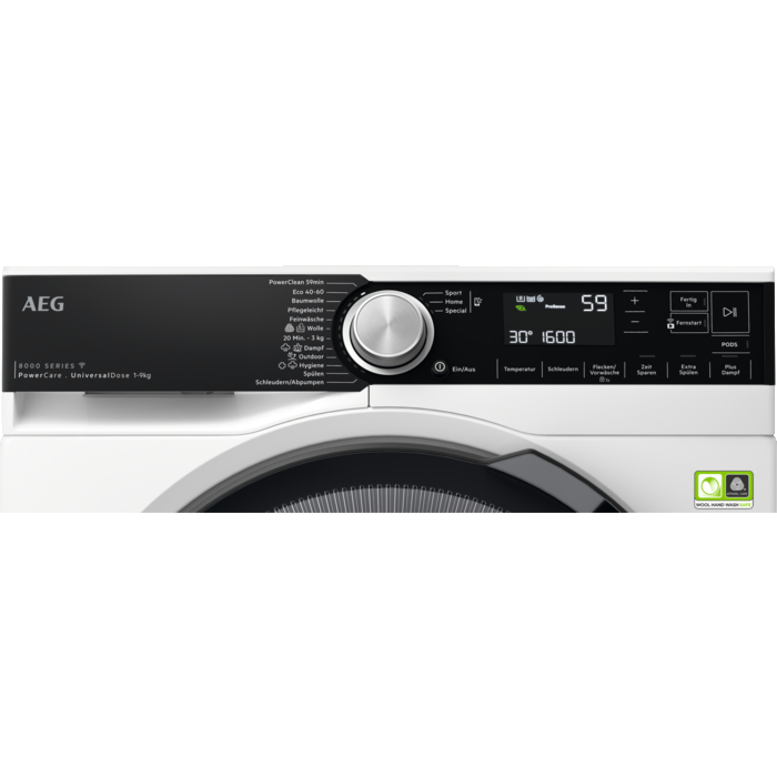 Weiße AEG Waschmaschine mit Bedienfeld. Anzeige zeigt 30° und 1600. Knöpfe und ein Drehregler.
