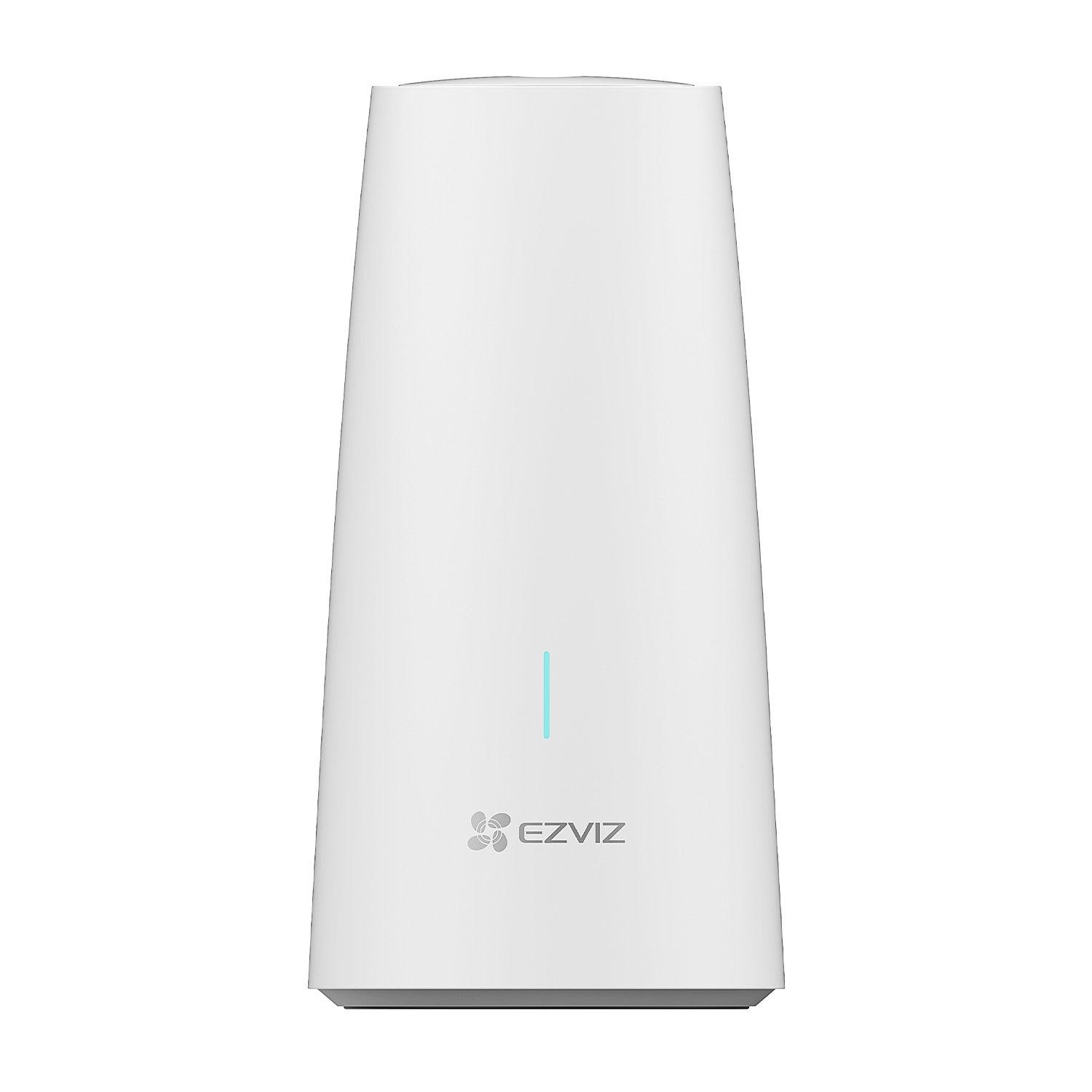 Hub intelligente EZVIZ bianco. Luce blu, corpo bianco, logo EZVIZ in basso.