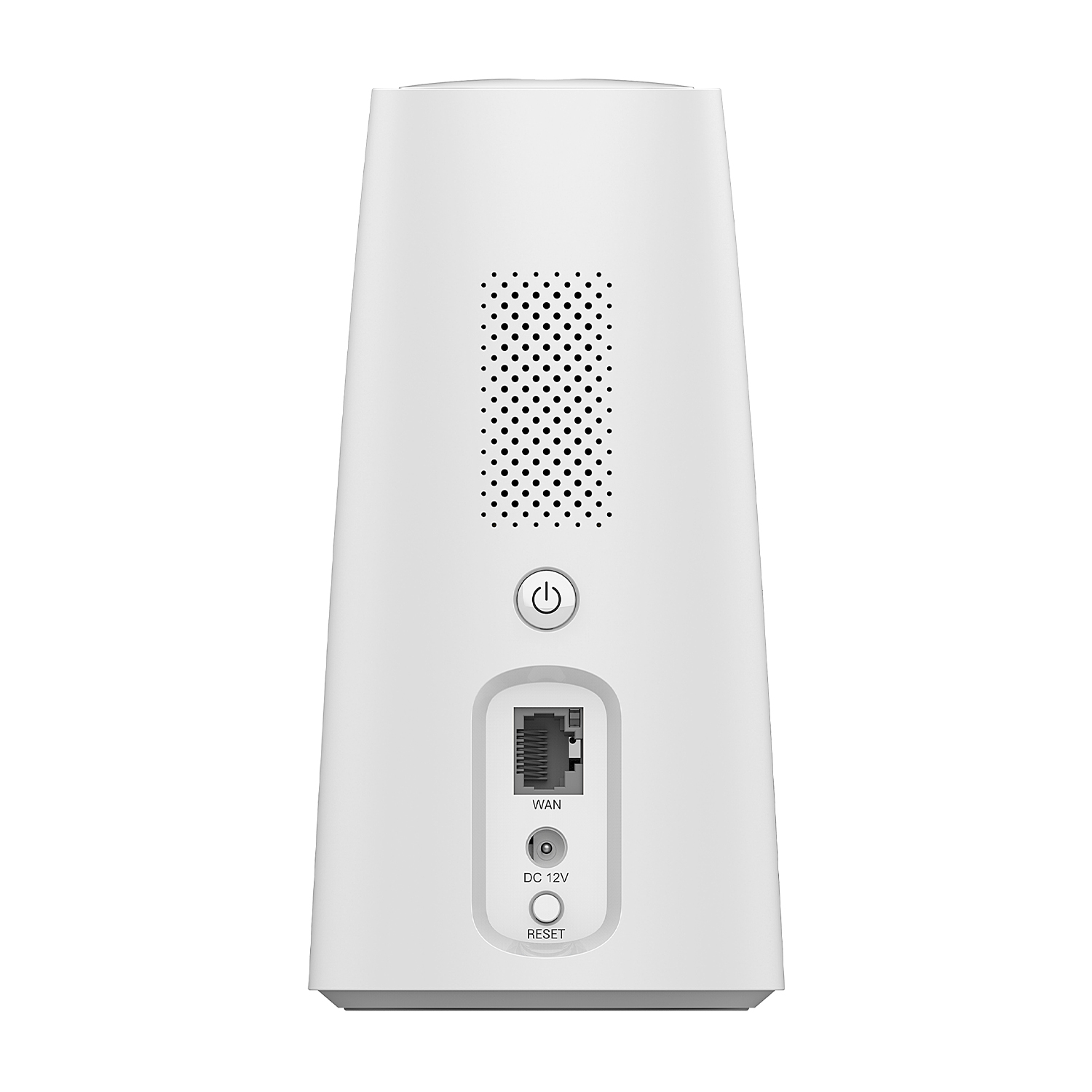Router bianco con presa d'aria nera, porte di alimentazione e di rete e pulsante di ripristino. Retro.