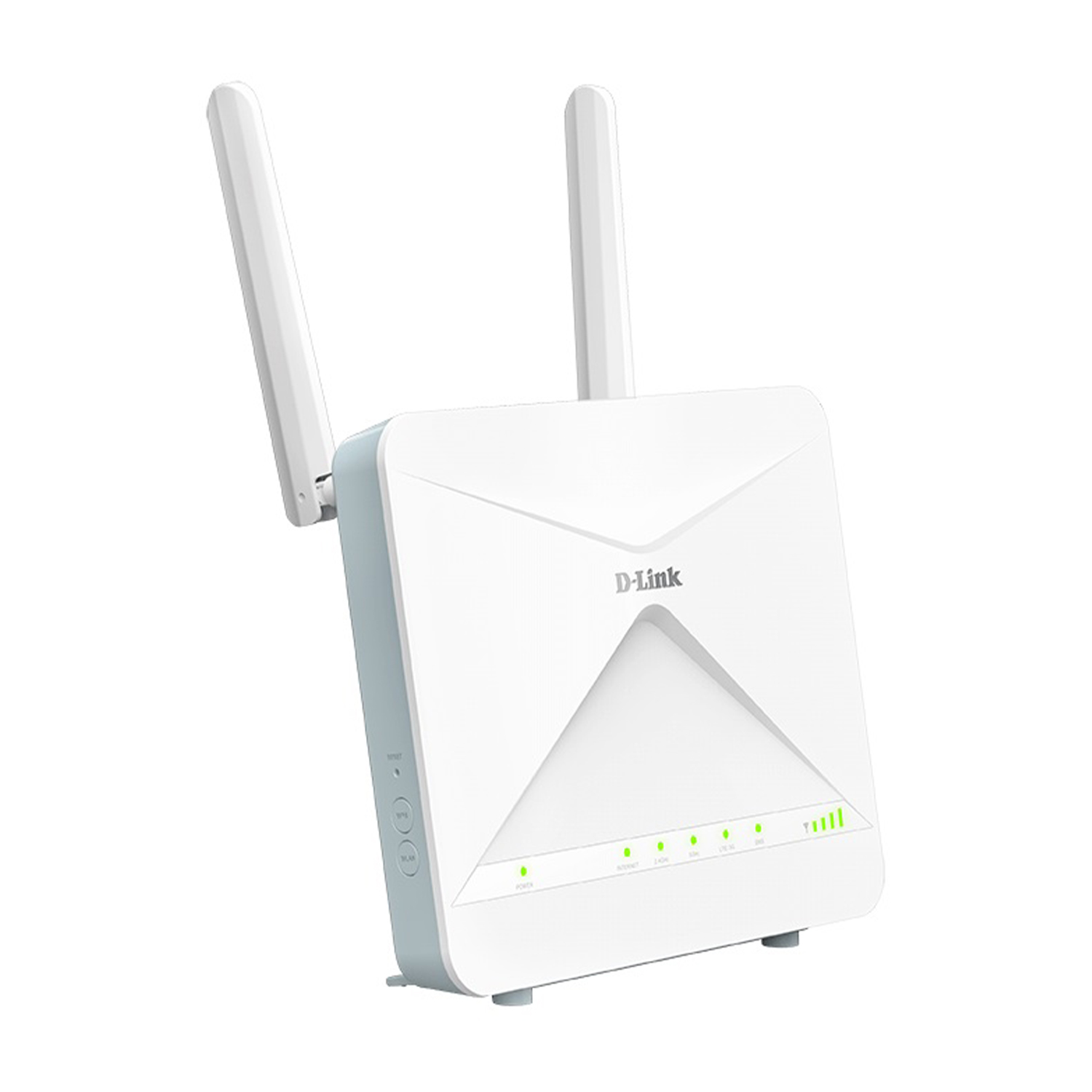 Router D-Link bianco con due antenne. Il router ha diverse spie.