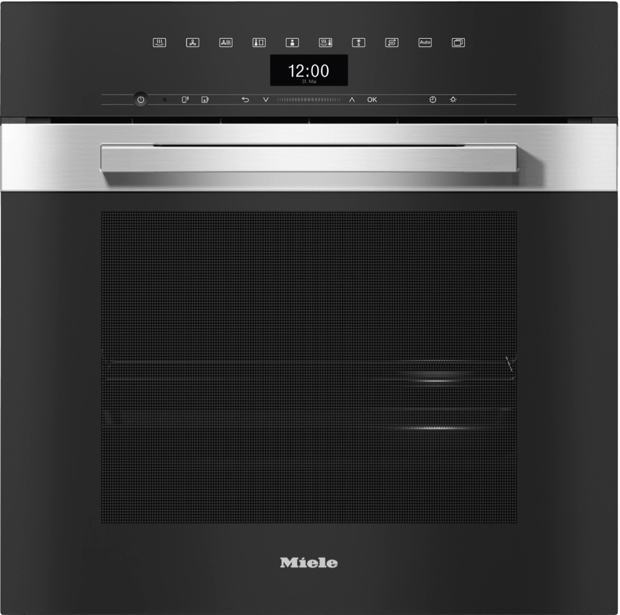 Ein eingebauter Miele-Ofen, schwarz, mit Edelstahlgriff und digitaler Anzeige.