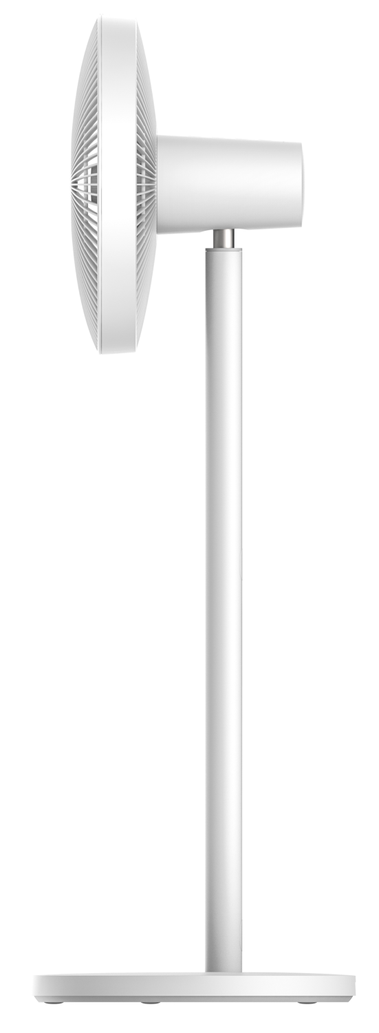 Egy fehér asztali ventilátor. Kerek feje, hengeres karja és téglalap alakú talpa van. Minden része fehér.
