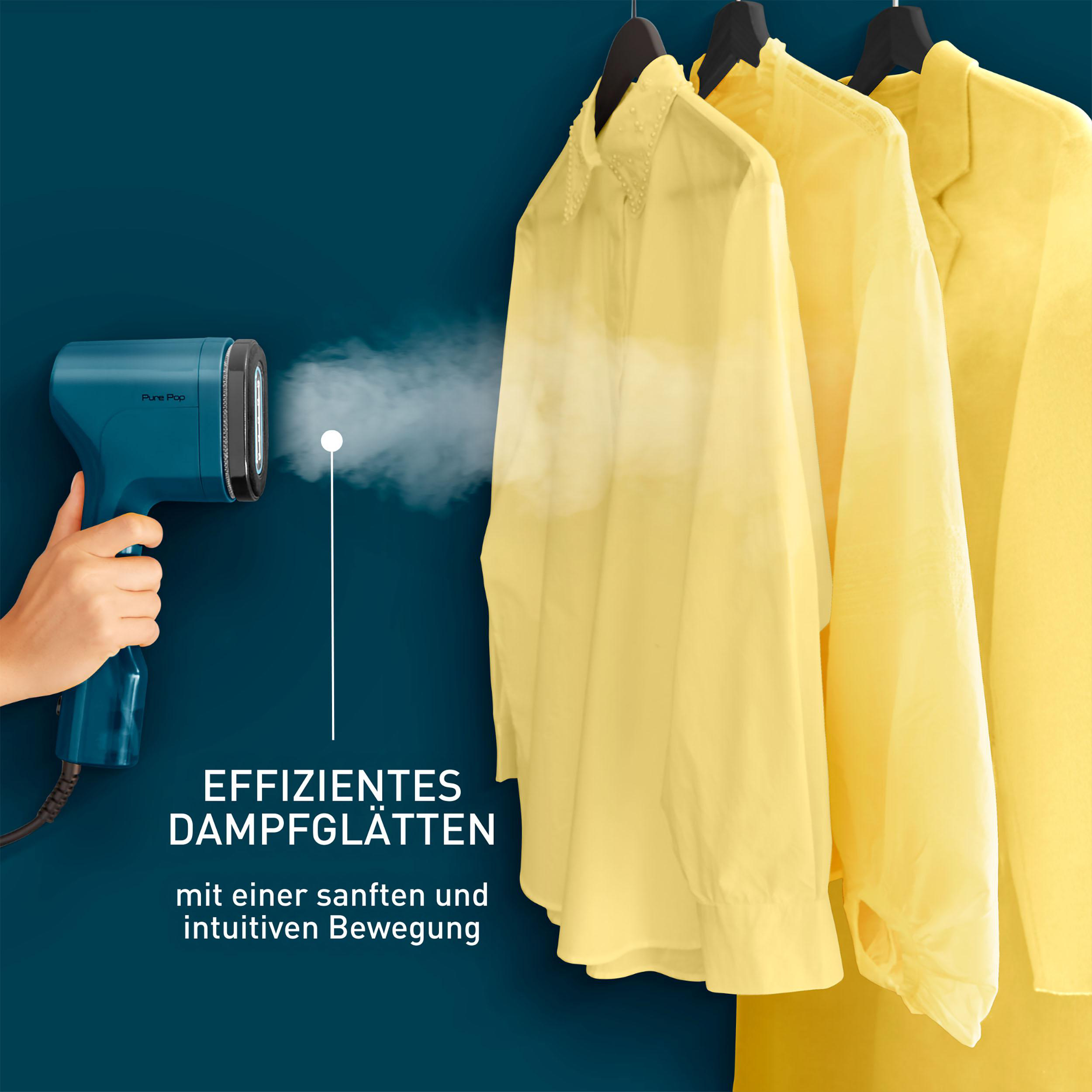 Ein Handdampfer mit Dampf und gelben Hemden an Kleiderbügeln.