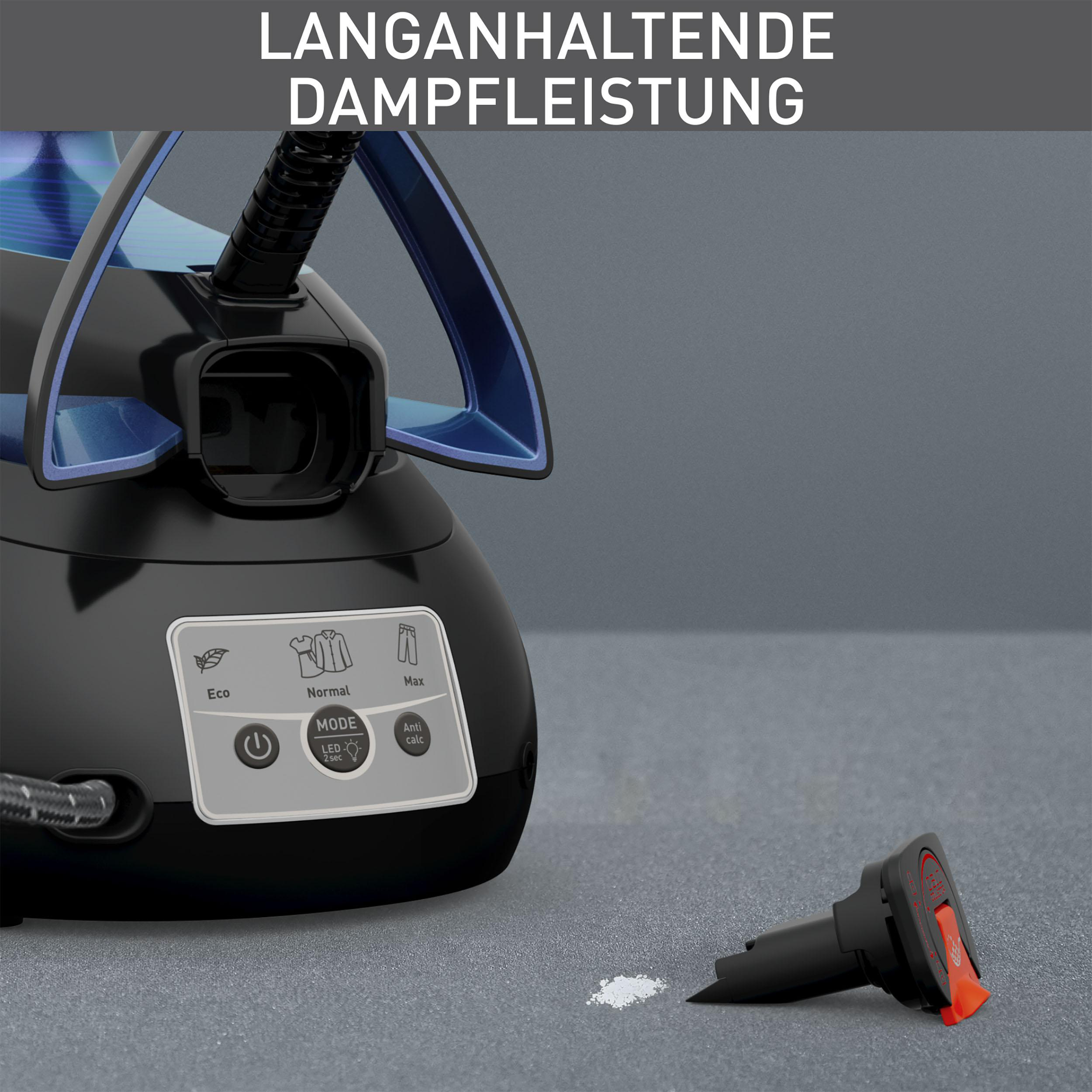 Ein schwarz-blauer Kleiderdampfer mit Steuertasten. Der Text lautet: „Langanhaltende Dampfleistung“.