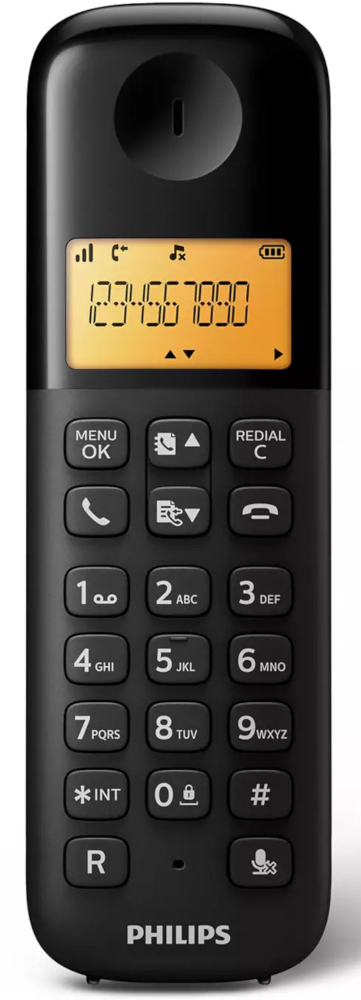Téléphone fixe noir avec clavier, l'écran affiche le numéro 1234567890, rétroéclairage orange.