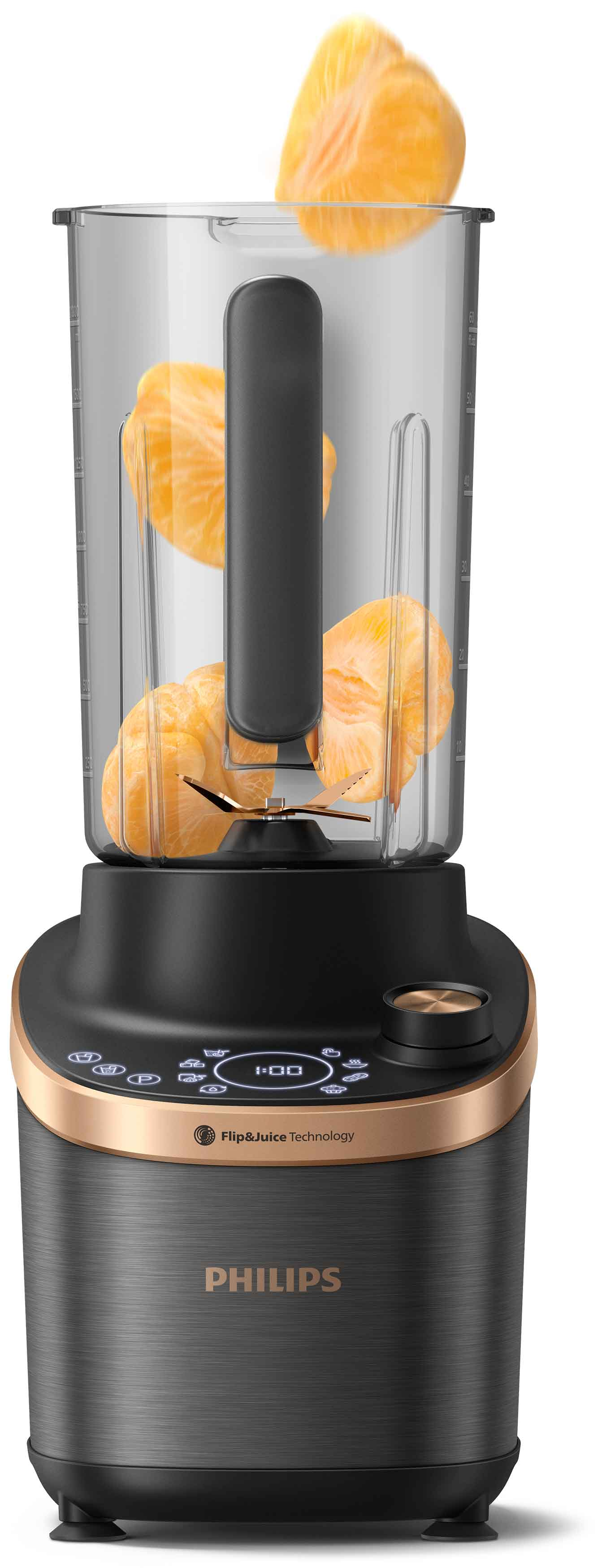 İçinde portakal dilimleri, altın renkli detaylara sahip siyah bir taban ve şeffaf bir kap bulunan bir blender.
