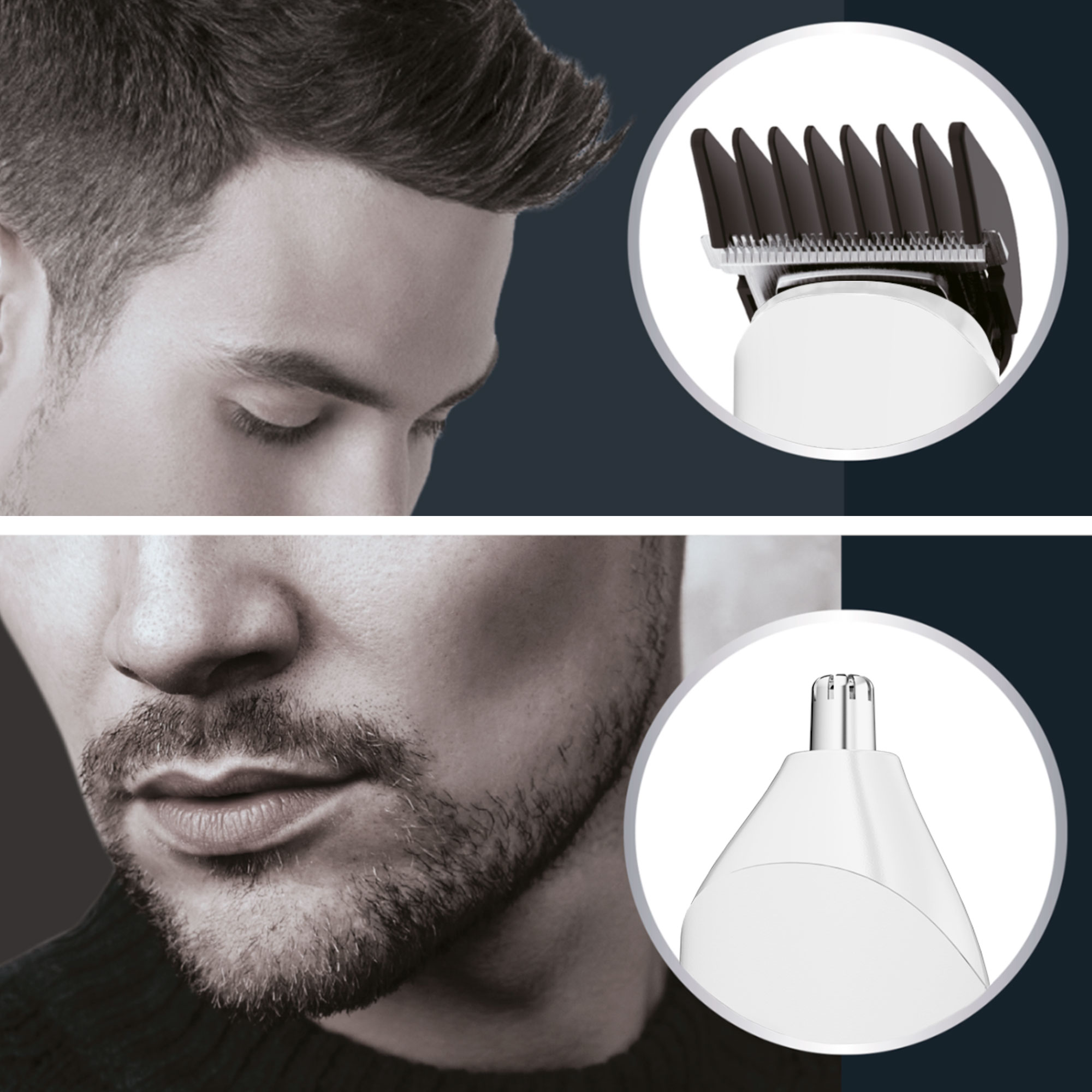 Imágenes de primer plano de la cara y el cabello de un hombre, y un recortador de aseo.