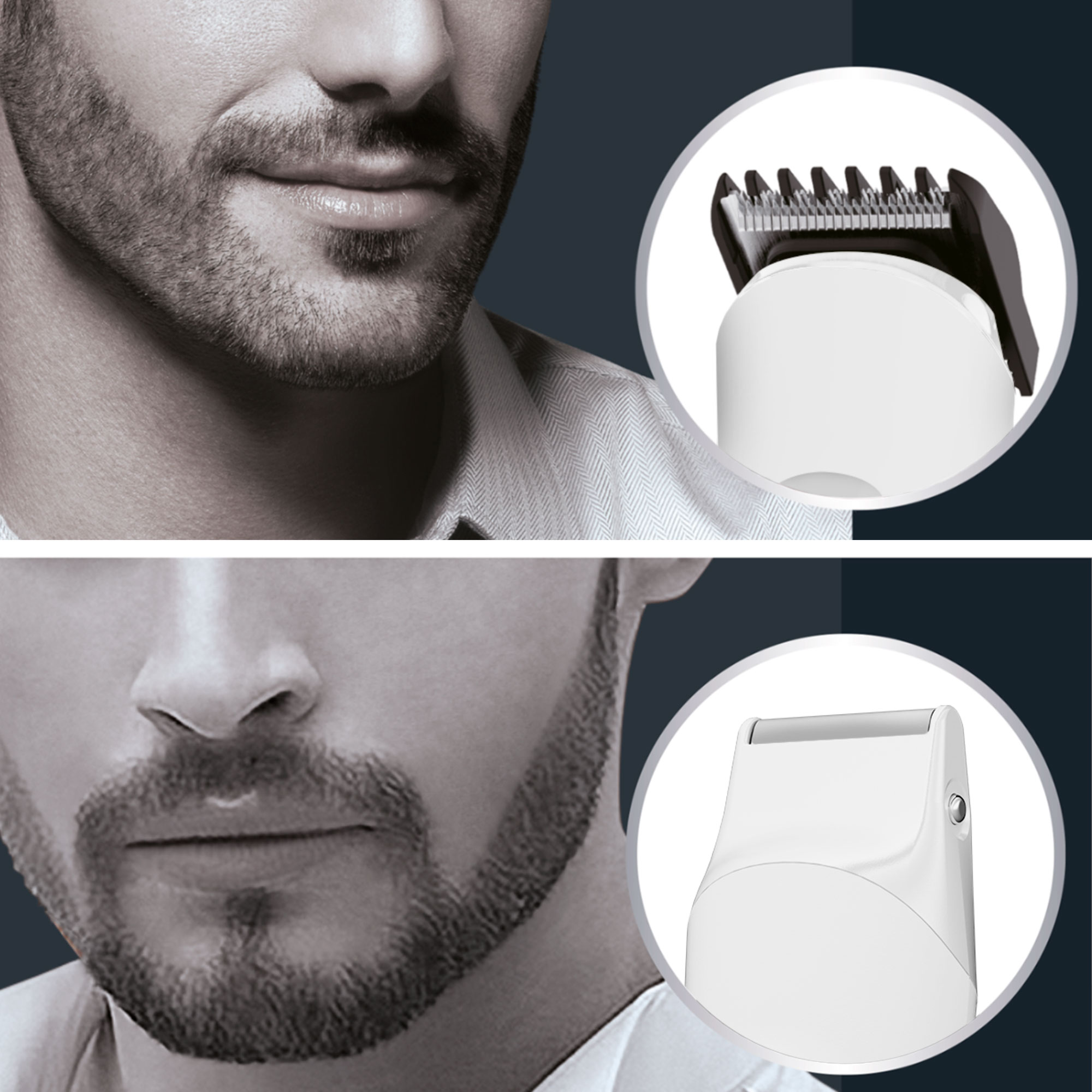 Primer plano de un hombre recortando su barba con una recortadora. Se muestran detalles de la recortadora.
