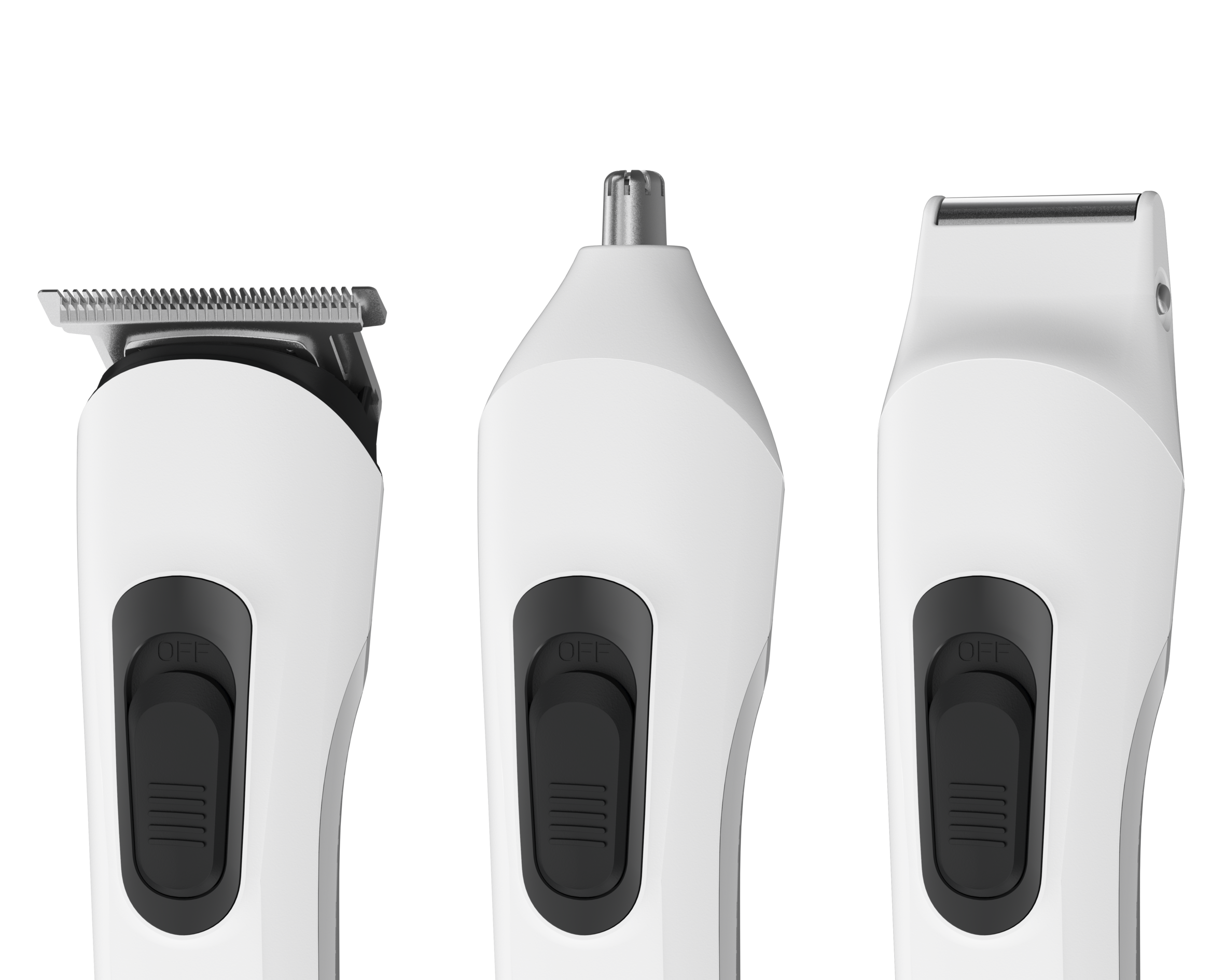 Tres dispositivos de aseo blancos con botones negros: recortador, recortador nasal y recortador de cabello.