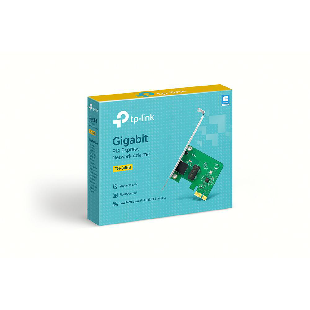 Eine TP-Link Gigabit PCI Express Netzwerkadapter Box und Karte.