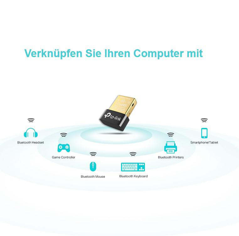 Ein goldener USB-Adapter und Symbole für die Verbindung mit Geräten wie Tastatur und Headset.