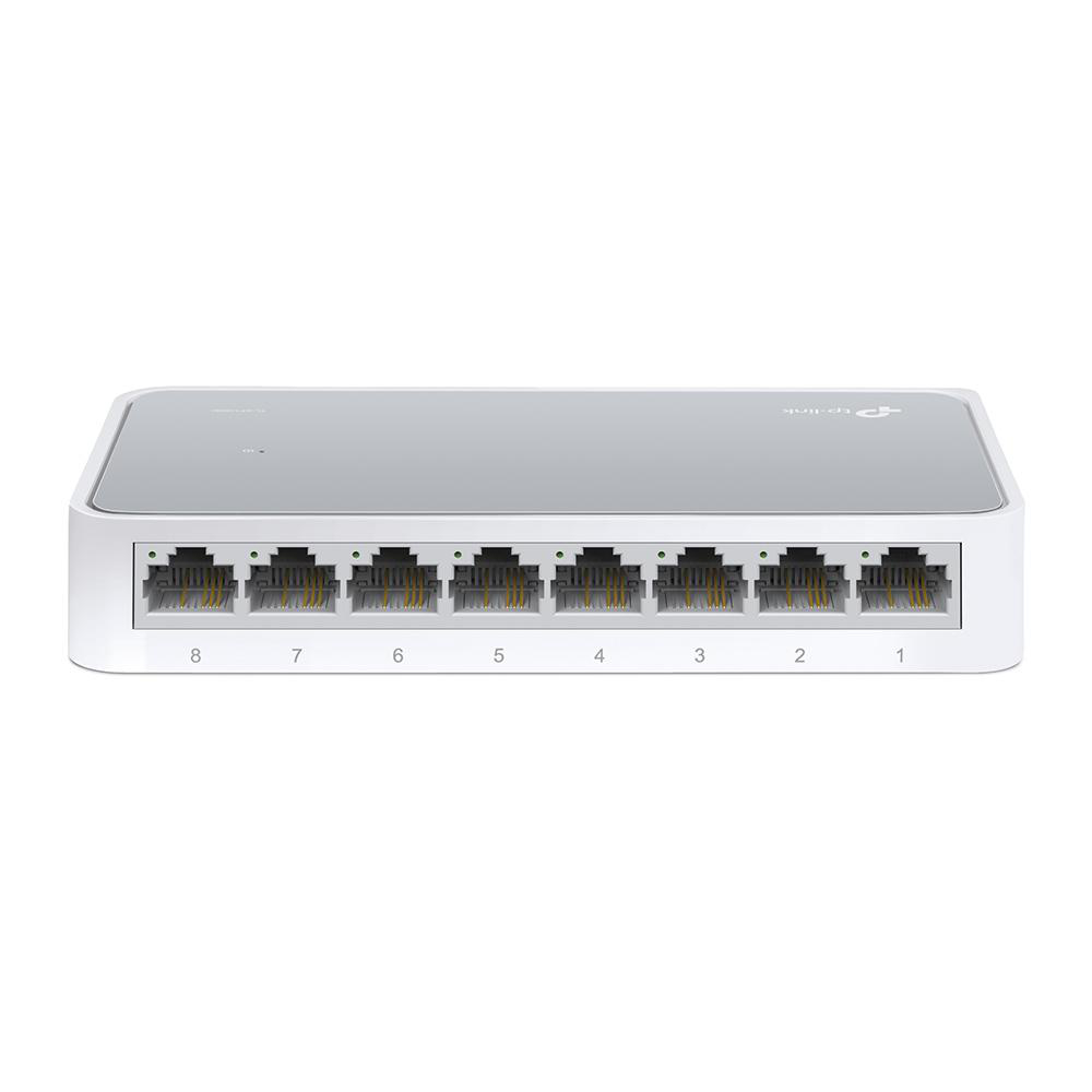 Silber-weißer Netzwerk-Switch mit acht nummerierten Anschlüssen.