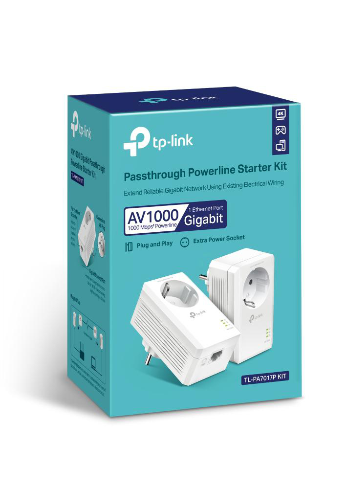 Eine türkisfarbene Box mit einem weißen Powerline-Adapter-Kit, das die Adapter und die Verpackung zeigt.