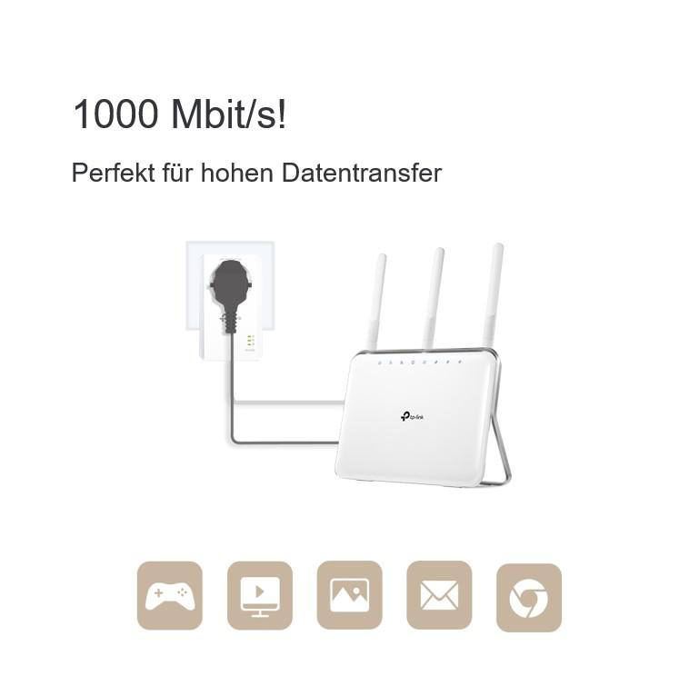 Ein weißer Router und ein Netzstecker, der mit der Wand verbunden ist.