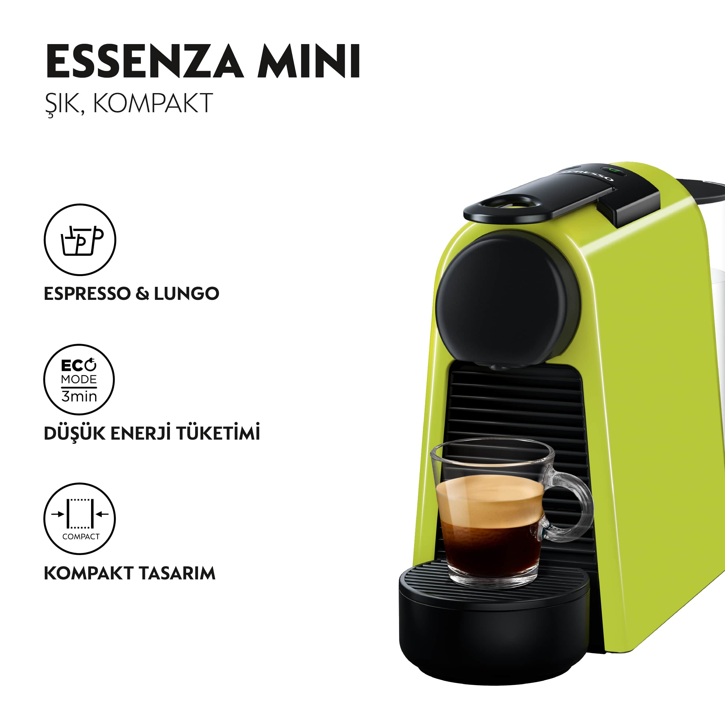 Bir bardak kahve ile birlikte limon yeşili Nespresso kahve makinesi. Siyah taban ve kompakt tasarım.