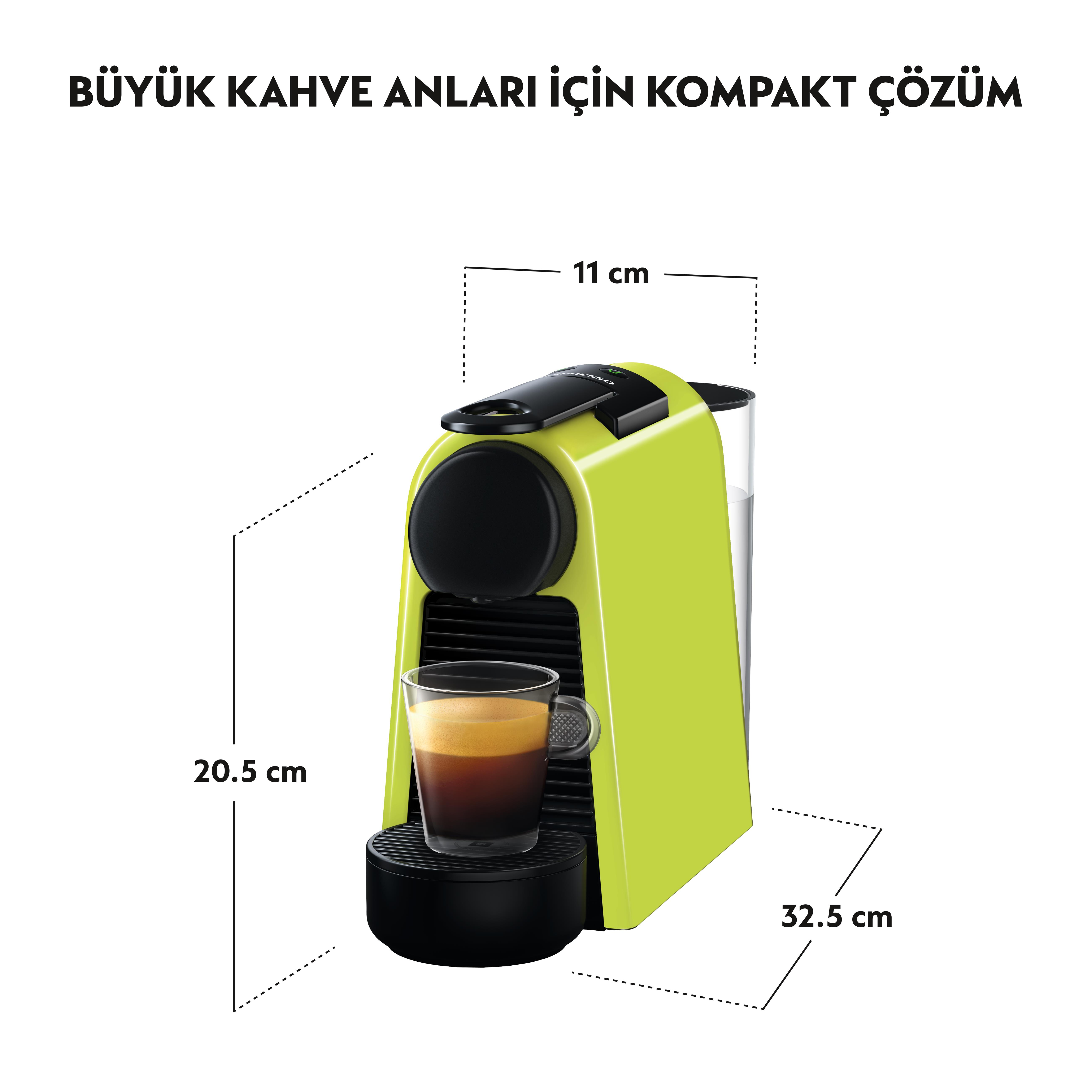 Bir bardak kahve ile yeşil bir Nespresso kahve makinesi. Boyutlar santimetre cinsinden gösterilir.