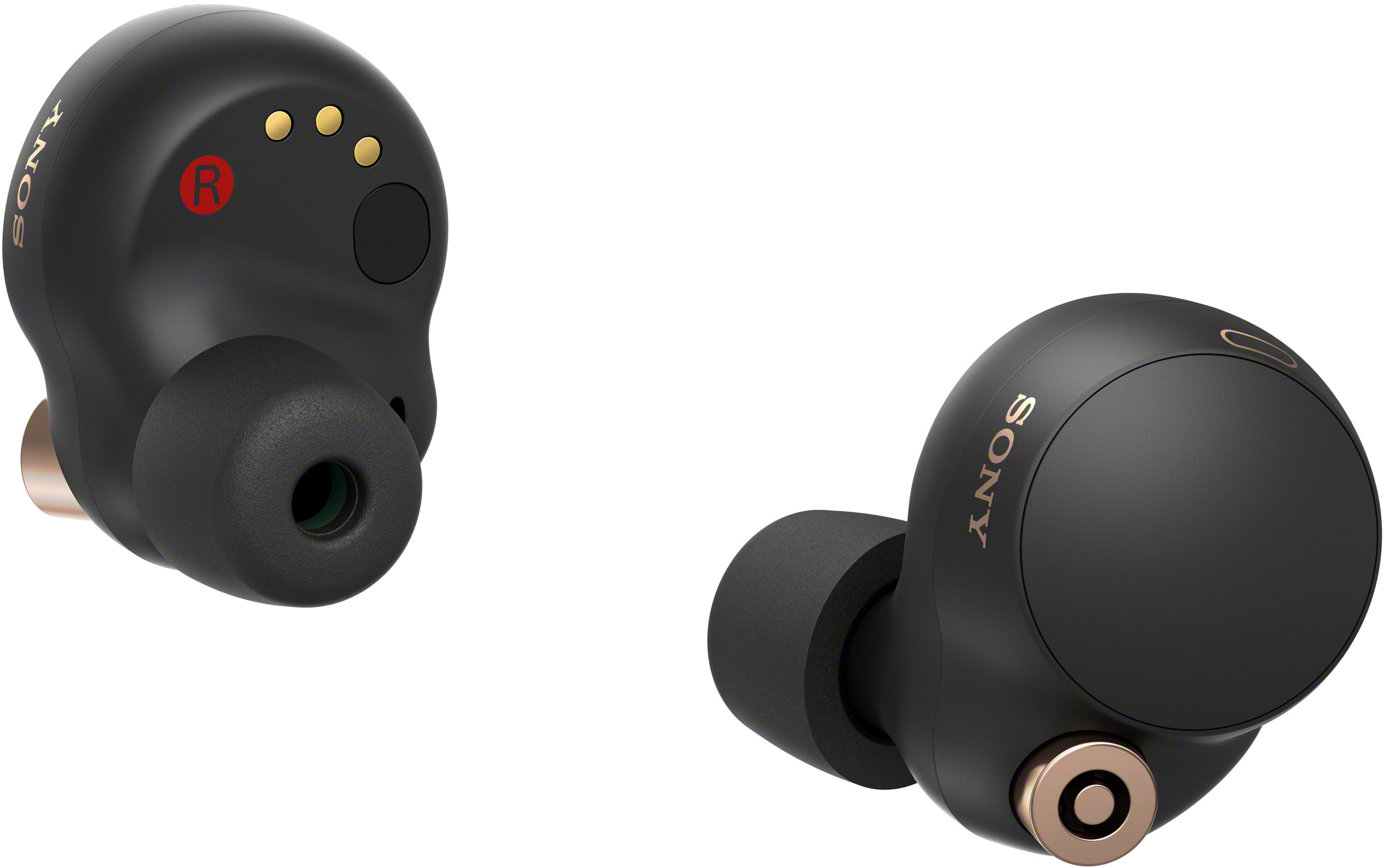 Due auricolari wireless neri con dettagli dorati. La custodia non è visibile.
