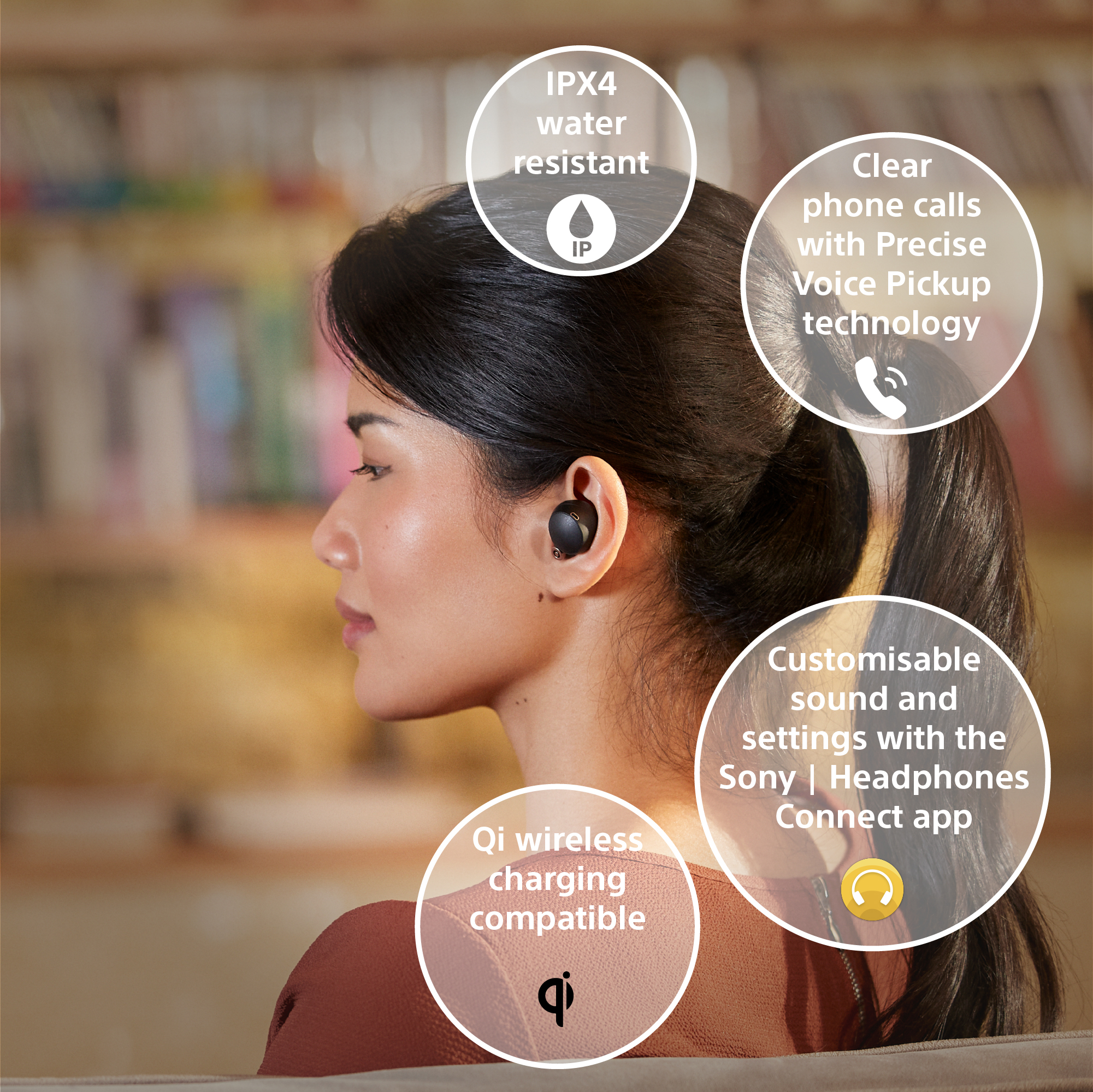 Donna con auricolari, bolle informative sulle funzioni e caratteristiche.