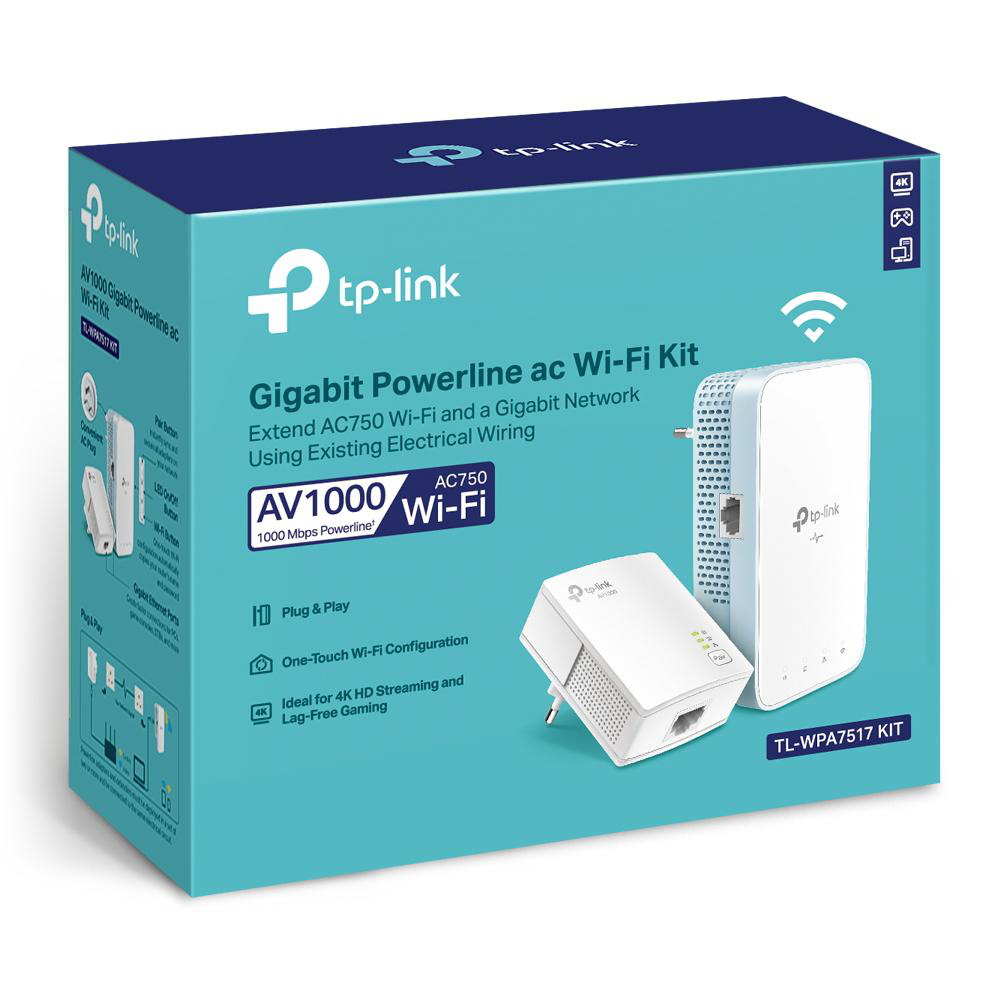Tp-link Gigabit Powerline ac Wi-Fi Kit Box. Weiße Geräte sind auf der Box und außerhalb abgebildet.