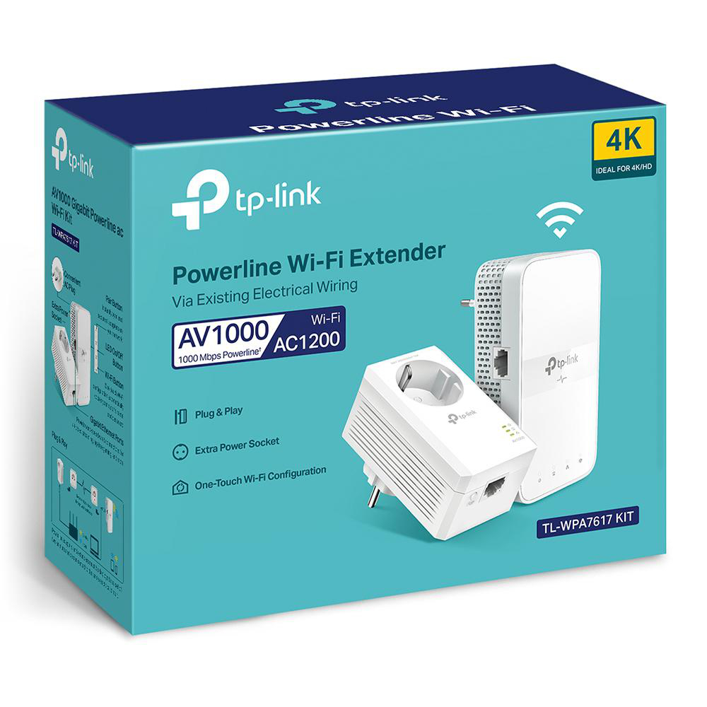 Eine weiße Box mit einem TP-Link Powerline Wi-Fi Extender und einem Stecker auf weißem Hintergrund.