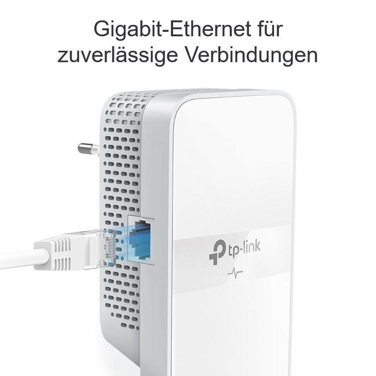Weißes tp-link-Gerät mit angeschlossenem Ethernet-Kabel.