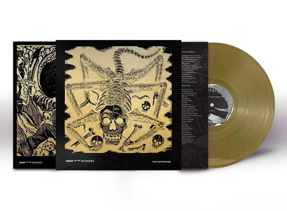 Album borítója csontvázmintával, a lemez tokja és egy arany színű bakelit lemez mellett. Szöveg: Ixnay on the Hombre, The Offspring.
