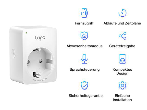 Weißer Smart-Stecker mit Symbolen und Text.