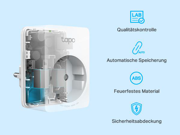 Ein Querschnitt durch einen Smart Plug, der interne Komponenten und Etiketten für Qualitätskontrolle und Sicherheit zeigt.