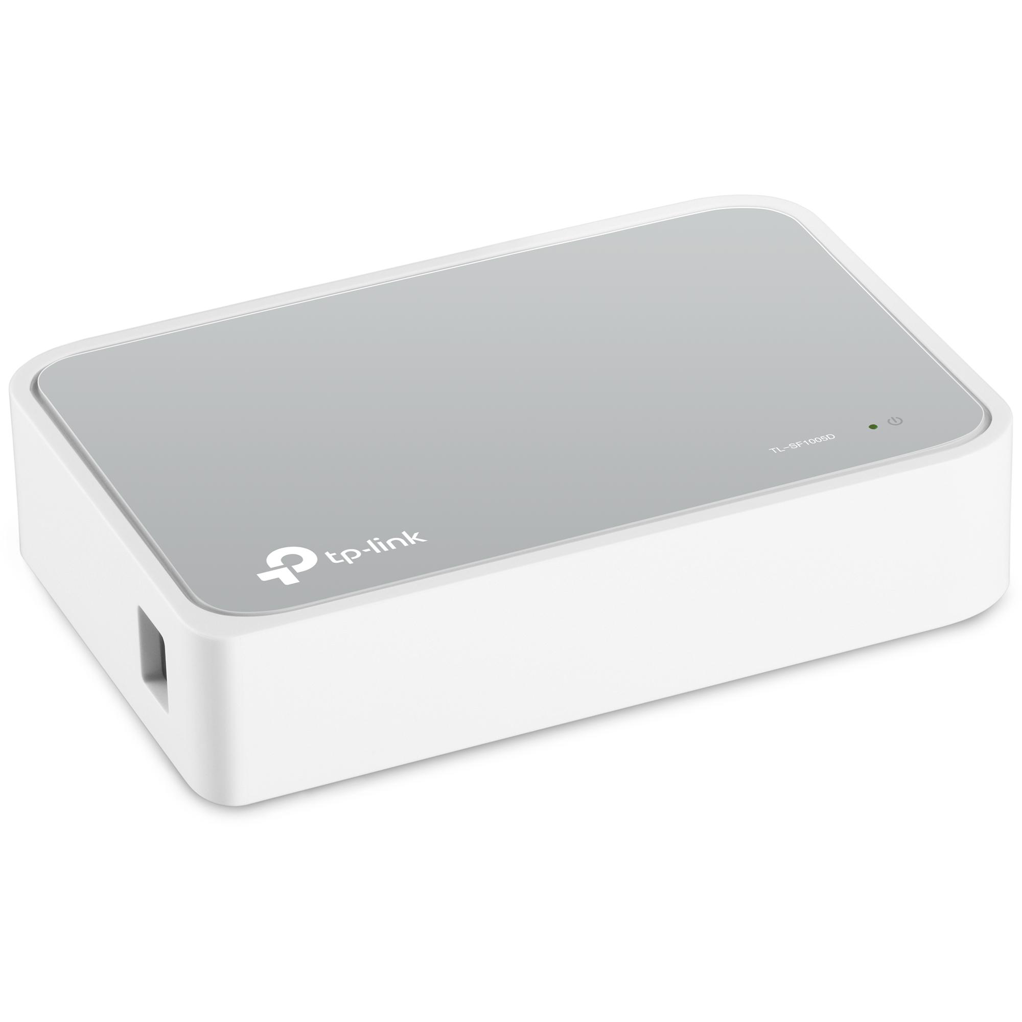 Weißer tp-link Netzwerk-Switch. Klein und rechteckig mit grauem Deckel.