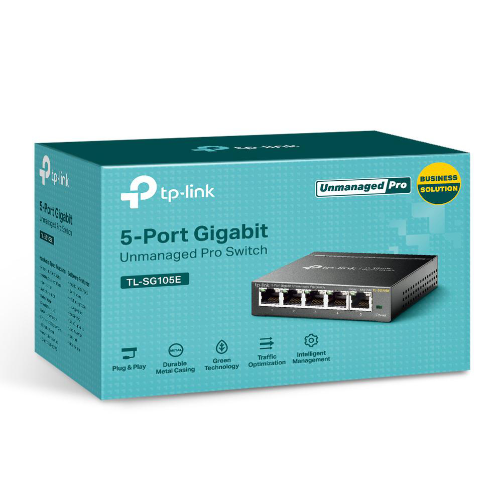 Eine Box eines tp-link Produkts mit grünem und blauem Design, das seine Funktionen zeigt.