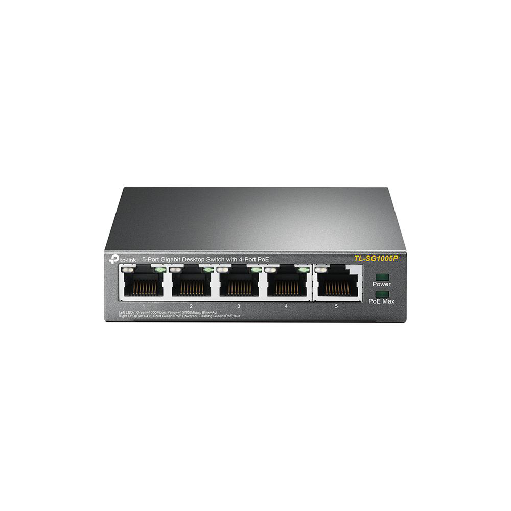 Ein schwarzer und grauer TP-Link 5-Port Gigabit Desktop-Switch mit 4-Port POE.