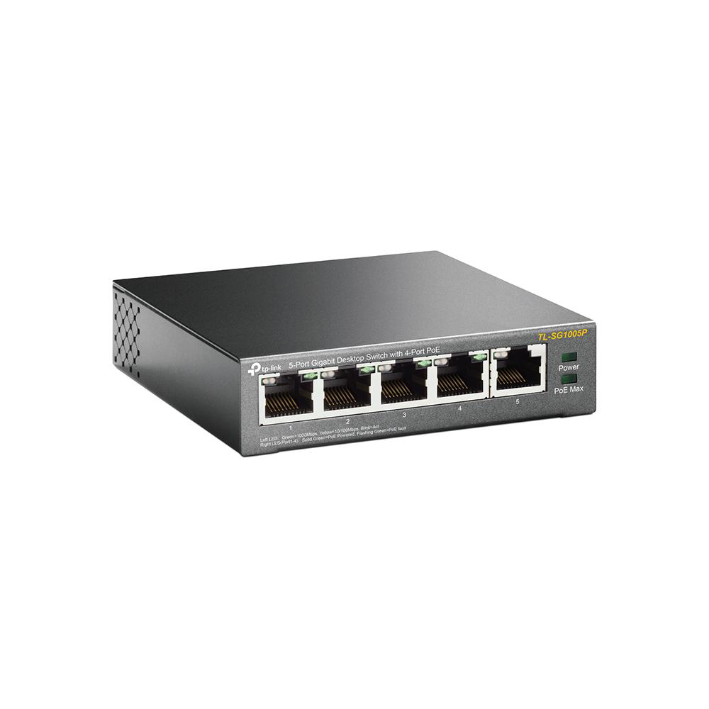 Schwarzer TP-Link 5-Port Gigabit Switch mit PoE-Anschlüssen und Betriebsanzeige auf weißem Hintergrund.