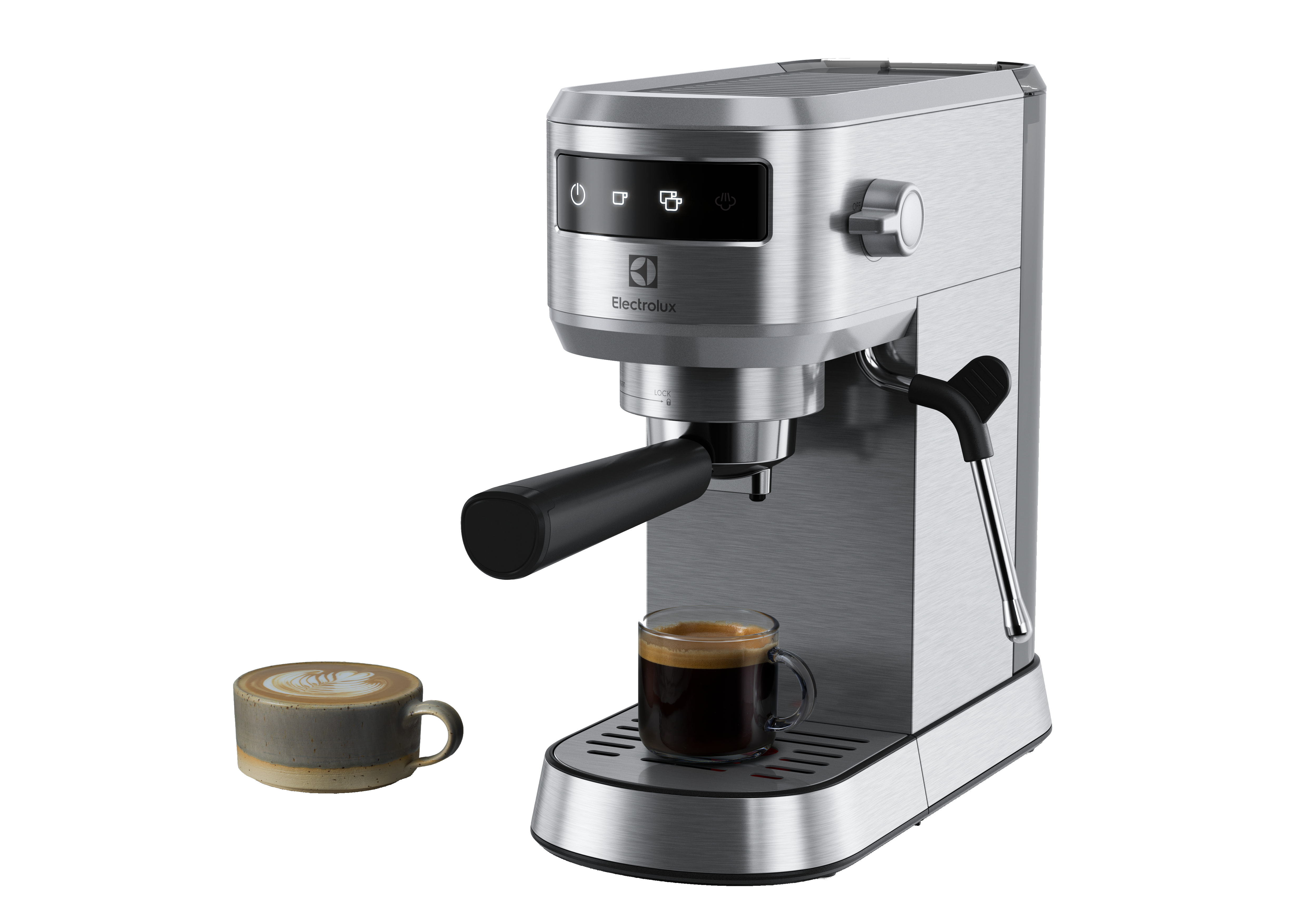 Gümüş Electrolux espresso makinesi, yanında bir fincan espresso ve latte ile.